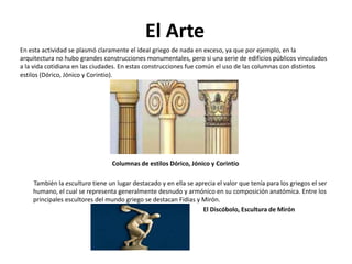 El Arte
En esta actividad se plasmó claramente el ideal griego de nada en exceso, ya que por ejemplo, en la
arquitectura no hubo grandes construcciones monumentales, pero si una serie de edificios públicos vinculados
a la vida cotidiana en las ciudades. En estas construcciones fue común el uso de las columnas con distintos
estilos (Dórico, Jónico y Corintio).

Columnas de estilos Dórico, Jónico y Corintio
También la escultura tiene un lugar destacado y en ella se aprecia el valor que tenía para los griegos el ser
humano, el cual se representa generalmente desnudo y armónico en su composición anatómica. Entre los
principales escultores del mundo griego se destacan Fidias y Mirón.
El Discóbolo, Escultura de Mirón

 