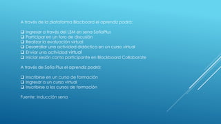 A través de la plataforma Blacboard el aprendiz podrá:
 Ingresar a través del LSM en sena SofíaPlus
 Participar en un foro de discusión
 Realizar la evaluación virtual
 Desarrollar una actividad didáctica en un curso virtual
 Enviar una actividad virtual
 Iniciar sesión como participante en Blackboard Collaborate
A través de Sofía Plus el aprendiz podrá:
 Inscribirse en un curso de formación
 Ingresar a un curso virtual
 Inscribirse a los cursos de formación
Fuente: inducción sena
 