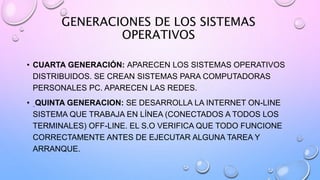 GENERACIONES DE LOS SISTEMAS
OPERATIVOS
• CUARTA GENERACIÓN: APARECEN LOS SISTEMAS OPERATIVOS
DISTRIBUIDOS. SE CREAN SISTEMAS PARA COMPUTADORAS
PERSONALES PC. APARECEN LAS REDES.
• QUINTA GENERACION: SE DESARROLLA LA INTERNET ON-LINE
SISTEMA QUE TRABAJA EN LÍNEA (CONECTADOS A TODOS LOS
TERMINALES) OFF-LINE. EL S.O VERIFICA QUE TODO FUNCIONE
CORRECTAMENTE ANTES DE EJECUTAR ALGUNA TAREA Y
ARRANQUE.
 