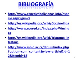 • http://www.especiesbolivianas.info/espe
cie.aspx?gru=3
• http://es.wikipedia.org/wiki/Coccinellida
• http://www.ecured.cu/index.php/Vinchu
ca
• http://es.wikipedia.org/wiki/Triatoma_in
festans
• http://www.inbio.ac.cr/diquis/index.php
?option=com_content&view=article&id=1
2&Itemid=18

32

 