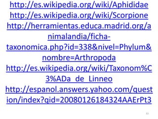 http://es.wikipedia.org/wiki/Aphididae
http://es.wikipedia.org/wiki/Scorpione
http://herramientas.educa.madrid.org/a
nimalandia/fichataxonomica.php?id=338&nivel=Phylum&
nombre=Arthropoda
http://es.wikipedia.org/wiki/Taxonom%C
3%ADa_de_Linneo
http://espanol.answers.yahoo.com/quest
ion/index?qid=20080126184324AAErPt3
33

 