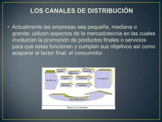 LOS CANALES DE DISTRIBUCIÓN

• Actualmente las empresas sea pequeña, mediana o
  grande, utilizan aspectos de la mercadotecnia en las cuales
  involucran la promoción de productos finales o servicios
  para que estas funcionen y cumplan sus objetivos así como
  acaparar al factor final: el consumidor.
 