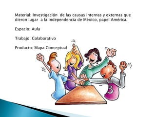 Material: Investigación de las causas internas y externas que 
dieron lugar a la independencia de México, papel América. 
Espacio: Aula 
Trabajo: Colaborativo 
Producto: Mapa Conceptual 
 