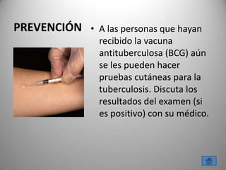 PREVENCIÓN • A las personas que hayan
                recibido la vacuna
                antituberculosa (BCG) aún
                se les pueden hacer
                pruebas cutáneas para la
                tuberculosis. Discuta los
                resultados del examen (si
                es positivo) con su médico.
 