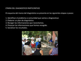 ETAPAS DEL DIAGNOSTICO PARTICIPATIVO

El esquema del marco del diagnóstico se presenta en las siguientes etapas o pasos:

1. Identificar el problema o comunidad que vamos a diagnosticar.
2. Elaborar un plan de diagnóstico.
3. Recoger las informaciones que necesitamos.
4. Procesar las informaciones que hemos recogido.
5. Socializar los resultados.
 