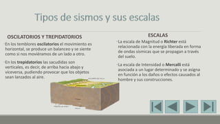 OSCILATORIOS Y TREPIDATORIOS
•En los temblores oscilatorios el movimiento es
horizontal, se produce un balanceo y se siente
como si nos moviéramos de un lado a otro.
•En los trepidatorios las sacudidas son
verticales, es decir, de arriba hacia abajo y
viceversa, pudiendo provocar que los objetos
sean lanzados al aire.
ESCALAS
•La escala de Magnitud o Richter está
relacionada con la energía liberada en forma
de ondas sísmicas que se propagan a través
del suelo.
•La escala de Intensidad o Mercalli está
asociada a un lugar determinado y se asigna
en función a los daños o efectos causados al
hombre y sus construcciones.
 