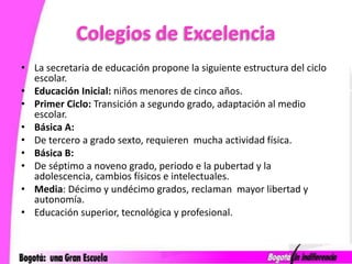 Colegios de ExcelenciaLa secretaria de educación propone la siguiente estructura del ciclo escolar.Educación Inicial: niños menores de cinco años.Primer Ciclo: Transición a segundo grado, adaptación al medio escolar.Básica A:De tercero a grado sexto, requieren  mucha actividad física.Básica B:De séptimo a noveno grado, periodo e la pubertad y la adolescencia, cambios físicos e intelectuales.Media: Décimo y undécimo grados, reclaman  mayor libertad y autonomía.Educación superior, tecnológica y profesional.
