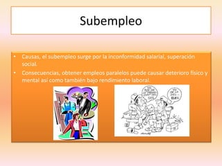 Subempleo
• Causas, el subempleo surge por la inconformidad salarial, superación
social.
• Consecuencias, obtener empleos paralelos puede causar deterioro físico y
mental así como también bajo rendimiento laboral.
 