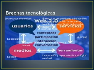 Los recursos económicos
La geografía:
La edad
El sexo: Las desigualdades entre hombres
y mujeres en el ámbito de las nuevas
tecnologías es otra faceta de la brecha
digital.
La lengua
La educación y la procedencia sociológica
o cultural
El empleo: En muchos países, el acceso a
Internet
La integridad física:
 