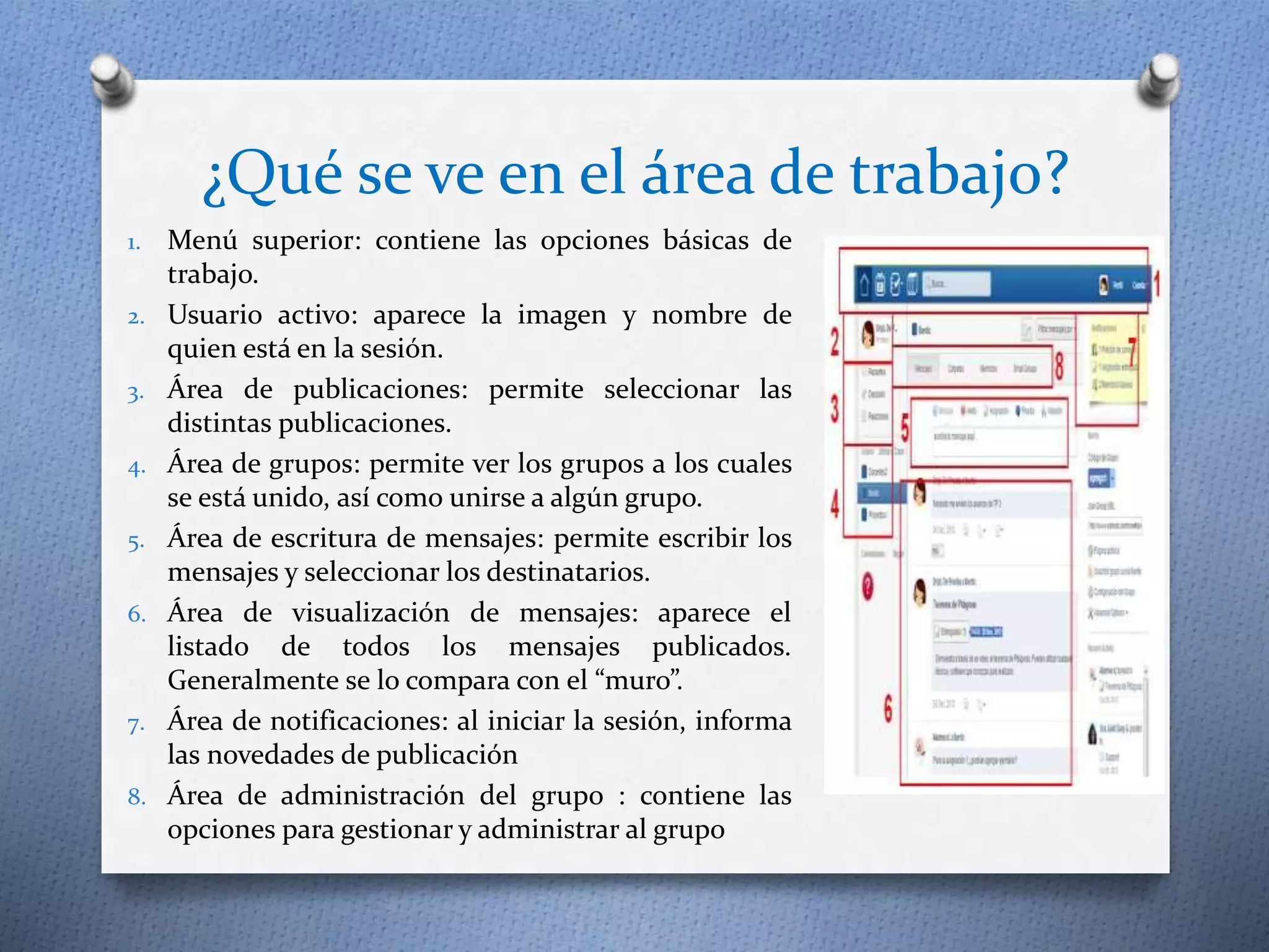 ¿Qué se ve en el área de trabajo? 
1. Menú superior: contiene las opciones básicas de 
trabajo. 
2. Usuario activo: aparece la imagen y nombre de 
quien está en la sesión. 
3. Área de publicaciones: permite seleccionar las 
distintas publicaciones. 
4. Área de grupos: permite ver los grupos a los cuales 
se está unido, así como unirse a algún grupo. 
5. Área de escritura de mensajes: permite escribir los 
mensajes y seleccionar los destinatarios. 
6. Área de visualización de mensajes: aparece el 
listado de todos los mensajes publicados. 
Generalmente se lo compara con el “muro”. 
7. Área de notificaciones: al iniciar la sesión, informa 
las novedades de publicación 
8. Área de administración del grupo : contiene las 
opciones para gestionar y administrar al grupo 
 