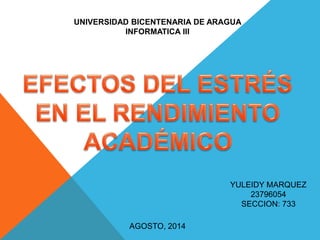 UNIVERSIDAD BICENTENARIA DE ARAGUA
INFORMATICA III
YULEIDY MARQUEZ
23796054
SECCION: 733
AGOSTO, 2014
 