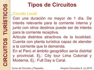 Tipos de CircuitosCIRCUITOSTURÍSTICOS
Circuito Local:
Con una duración no mayor de 1 día. De
interés relevante para la corriente interna y
junto con otros destinos puede ser de interés
para la corriente receptiva.
Articula distintos atractivos de la localidad.
Cuenta con planta turística capaz de atender
a la corriente que lo demanda.
En el Perú el ámbito geográfico sería distrital
y provincial. Ej.: City tour Lima Colonial y
Moderna. Ej.: Full Day a Caral.
Amparo Cervantes A. (c) 2015Curso de Circuitos y Paquetes
 