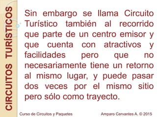 Sin embargo se llama Circuito
Turístico también al recorrido
que parte de un centro emisor y
que cuenta con atractivos y
facilidades pero que no
necesariamente tiene un retorno
al mismo lugar, y puede pasar
dos veces por el mismo sitio
pero sólo como trayecto.
CIRCUITOSTURÍSTICOS
Amparo Cervantes A. © 2015Curso de Circuitos y Paquetes
 