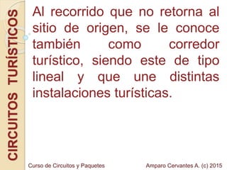 Al recorrido que no retorna al
sitio de origen, se le conoce
también como corredor
turístico, siendo este de tipo
lineal y que une distintas
instalaciones turísticas.
CIRCUITOSTURÍSTICOS
Amparo Cervantes A. (c) 2015Curso de Circuitos y Paquetes
 