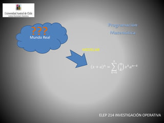 ELEP 214 INVESTIGACIÓN OPERATIVA
Mundo Real
𝑥 + 𝑎 𝑛
=
𝑘=0
𝑛
𝑛
𝑘
𝑥 𝑘
𝑎 𝑛−𝑘
MODELAR
Programación
Matemática
 