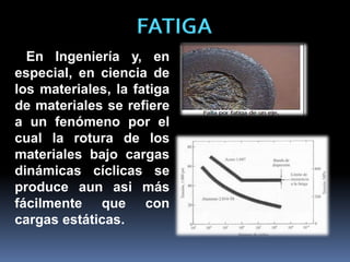 FATIGA
En Ingeniería y, en
especial, en ciencia de
los materiales, la fatiga
de materiales se refiere
a un fenómeno por el
cual la rotura de los
materiales bajo cargas
dinámicas cíclicas se
produce aun asi más
fácilmente que con
cargas estáticas.
 