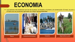 ECONOMIA Los sectores más dinámicos son los de la pesca, la industria, el turismo y la construcción. El maíz, la yuca y
el ñame son los productos agrícolas con mayor representatividad.
Pesca Industria de lácteos Turismo Agricultura: yuca
 