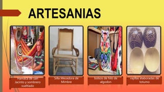 ARTESANIAS
Hamaca de San
Jacinto y sombrero
vueltiado
Silla Mecedora de
Mimbre
bolsos de hilo de
algodon
vajillas elaboradas de
totumo
 