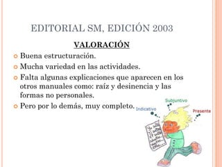 EDITORIAL SM, EDICIÓN 2003
VALORACIÓN
 Buena estructuración.
 Mucha variedad en las actividades.
 Falta algunas explicaciones que aparecen en los
otros manuales como: raíz y desinencia y las
formas no personales.
 Pero por lo demás, muy completo.
 