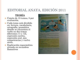 EDITORIAL ANAYA, EDICIÓN 2011
TEORÍA
 Consta de 15 temas, 5 por
evaluación.
 Cada tema está dividido
en: lectura, vocabulario,
ortografía, gramática
(donde se encuentra el
verbo en dos temas
diferentes 11 y 12),
expresión escrita,
expresión oral, mis
competencias y vuelvo
atrás.
 Explicación esquemática
situada en recuadros
llamativos
 