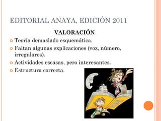 EDITORIAL ANAYA, EDICIÓN 2011
VALORACIÓN
 Teoría demasiado esquemática.
 Faltan algunas explicaciones (voz, número,
irregulares).
 Actividades escasas, pero interesantes.
 Estructura correcta.
 