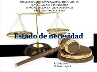 UNIVERSIDAD NACIONAL YACAMBU DECANATO DE
INVESTIGACION Y POSTGRADO
ESPECIALIZACION EN CIENCIAS PENALES
BARQUISIMETO-EDO-LARA

Participante :
Nulvia canigiani

 