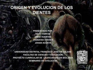 PRESENTADO POR:
KEITY FARFAN
DAVID HUERTAS
JHONATAN CHIVATÁ
JOHAN ACOSTA
UNIVERSIDAD DISTRITAL FRANCISCO JOSÉ DE CALDAS
FACULTAD DE CIENCIAS Y EDUCACIÓN
PROYECTO CURRICULAR DE LICENCIATURA EN BIOLOGÍA
SEMINARIO DE EVOLUCIÓN
ORIGEN Y EVOLUCION DE LOS
DIENTES
 