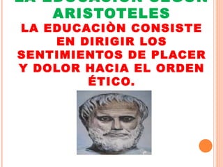 LA EDUCACIÒN SEGÙN
    ARISTOTELES
LA EDUCACIÒN CONSISTE
    EN DIRIGIR LOS
SENTIMIENTOS DE PLACER
Y DOLOR HACIA EL ORDEN
        ÉTICO.
 