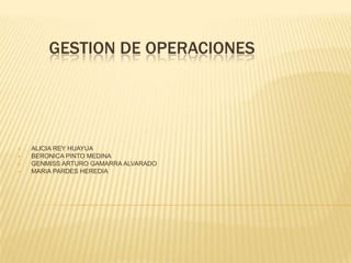GESTION DE OPERACIONES




   ALICIA REY HUAYUA
   BERONICA PINTO MEDINA
   GENMISS ARTURO GAMARRA ALVARADO
   MARIA PARDES HEREDIA
 