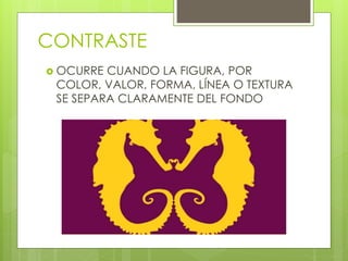 CONTRASTE
 OCURRE CUANDO LA FIGURA, POR
COLOR, VALOR, FORMA, LÍNEA O TEXTURA
SE SEPARA CLARAMENTE DEL FONDO
 