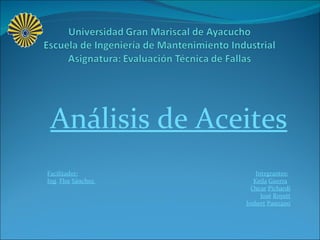 Análisis de Aceites Facilitador:   Integrantes: Ing .  Flor   Sánchez  Keila   Guerra Oscar   Pichardi José   Royett Josbert   Pastrano 