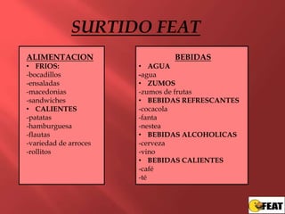 SURTIDO FEAT
ALIMENTACION                  BEBIDAS
• FRIOS:               • AGUA
-bocadillos            -agua
-ensaladas             • ZUMOS
-macedonias            -zumos de frutas
-sandwiches            • BEBIDAS REFRESCANTES
• CALIENTES            -cocacola
-patatas               -fanta
-hamburguesa           -nestea
-flautas               • BEBIDAS ALCOHOLICAS
-variedad de arroces   -cerveza
-rollitos              -vino
                       • BEBIDAS CALIENTES
                       -café
                       -té
 