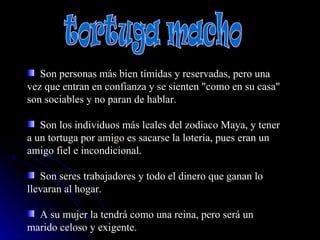 tortuga macho Son personas más bien tímidas y reservadas, pero una vez que entran en confianza y se sienten "como en su casa" son sociables y no paran de hablar.  Son los individuos más leales del zodiaco Maya, y tener a un tortuga por  amigo  es sacarse la lotería, pues eran un amigo fiel e incondicional.  Son seres trabajadores y todo el dinero que ganan lo llevaran al hogar. A su mujer la tendrá como una reina, pero será un marido celoso y exigente.  