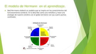 El modelo de Hermann en el aprendizaje. 
 Ned Herrmann elaboró un modelo que se inspira en los conocimientos del 
funcionamiento cerebral. Él lo describe como una metáfora y hace una 
analogía de nuestro cerebro con el globo terrestre con sus cuatro puntos 
cardinales 
 