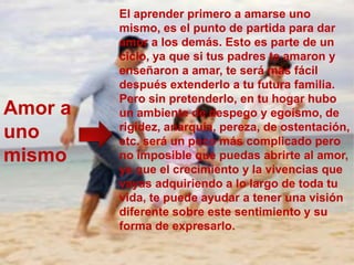 El aprender primero a amarse uno
         mismo, es el punto de partida para dar
         amor a los demás. Esto es parte de un
         ciclo, ya que si tus padres te amaron y
         enseñaron a amar, te será más fácil
         después extenderlo a tu futura familia.
         Pero sin pretenderlo, en tu hogar hubo
Amor a   un ambiente de despego y egoísmo, de
         rigidez, anarquía, pereza, de ostentación,
uno      etc. será un poco más complicado pero
mismo    no imposible que puedas abrirte al amor,
         ya que el crecimiento y la vivencias que
         vayas adquiriendo a lo largo de toda tu
         vida, te puede ayudar a tener una visión
         diferente sobre este sentimiento y su
         forma de expresarlo.
 