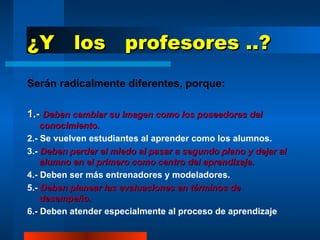 ¿Y  los  profesores ..? Serán radicalmente diferentes, porque: 1.-  Deben cambiar su imagen como los poseedores del conocimiento.   2.- Se vuelven estudiantes al aprender como los alumnos. 3.-  Deben perder el miedo al pasar a segundo plano y dejar al alumno en el primero como centro del aprendizaje. 4.- Deben ser más entrenadores y modeladores. 5.-  Deben planear las evaluaciones en términos de desempeño.  6.- Deben atender especialmente al proceso de aprendizaje 