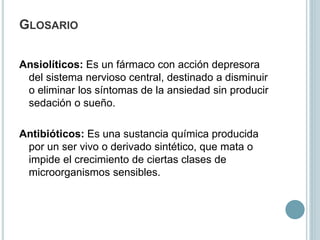 GLOSARIO
Ansiolíticos: Es un fármaco con acción depresora
del sistema nervioso central, destinado a disminuir
o eliminar los síntomas de la ansiedad sin producir
sedación o sueño.
Antibióticos: Es una sustancia química producida
por un ser vivo o derivado sintético, que mata o
impide el crecimiento de ciertas clases de
microorganismos sensibles.
 