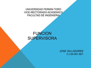 UNIVERSIDAD FERMIN TORO
VICE-RECTORADO ACADEMICO
FACULTAD DE INGENIERIA
FUNCION
SUPERVISORA
JOSE VALLADARES
C.I:24.001.921
 