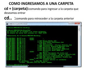 COMO INGRESAMOS A UNA CARPETA
cd + (carpeta):comando para ingresar a la carpeta que
deseamos entrar
cd.. :comando para retroceder a la carpeta anterior
 