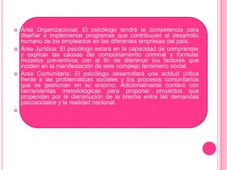 Área Organizacional: El psicólogo tendrá la competencia para diseñar e implementar programas que contribuyan al desarrollo humano de los empleados en las diferentes empresas del país.Área Jurídica: El psicólogo estará en la capacidad de comprender y explicar las causas del comportamiento criminal y formular modelos preventivos con el fin de disminuir los factores que inciden en la manifestación de este complejo fenómeno social.Área Comunitaria: El psicólogo desarrollará una actitud crítica frente a las problemáticas sociales y los procesos comunitarios que se gestionan en su entorno. Adicionalmente contará con herramientas metodológicas para proponer proyectos que propendan por la disminución de la brecha entre las demandas psicosociales y la realidad nacional.