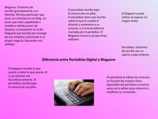 Diferencia entre Periodista Digital y Bloguero
Bloguero: Sinónimo de
escribir gratuitamente y en
libertad. Persona particular que
pone sus artículos en un blog, sin
tener que estar supeditado a
sueldos o retribuciones de
terceros. La excepción es la del
bloguero que escribe por encargo
de una empresa, asociación o su
propio negocio, buscando una
utilidad.
Periodista: Sinónimo
de escribir por un
salario y bajo órdenes.
El bloguero escribe lo que
quiere y sobre lo que quiere, él
y sus lectores son
los únicos censores. El
periodista escribe bajo
la censura de sus jefes.
El periodista escribe bajo
la censura de sus jefes.
El periodista tiene que escribir
sobre lo que le mande el
director y someterse a su
censura, o a la línea editorial
marcada por el periódico. El
Bloguero marca su propia línea
editorial
Al periodista le editan los artículos,
en función del espacio físico
disponible del periódico y muchas
veces se lo editan para reducirlo o
modificar su contenido.
El bloguero puede
utilizar el espacio sin
ningún limite
 