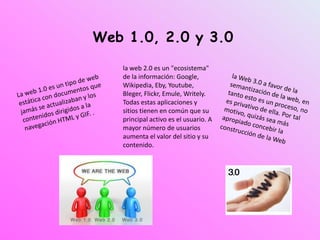 Web 1.0, 2.0 y 3.0
la web 2.0 es un "ecosistema"
de la información: Google,
Wikipedia, Eby, Youtube,
Bleger, Flickr, Emule, Writely.
Todas estas aplicaciones y
sitios tienen en común que su
principal activo es el usuario. A
mayor número de usuarios
aumenta el valor del sitio y su
contenido.
 