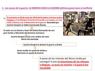 El autor era un bosnio a favor de Serbia (formación de una
gran Serbia y liberación del dominio austríaco)
El asesinato el 28 de junio de 1914 del heredero al trono austro-
húngaro, el archiduque Francisco Fernando y su esposa, en una
visita a Bosnia, fue el detonante de la guerra. Recordad que
Austria-Hungría se había anexionado Bosnia.
1.- Las causas de la guerra: LA MARCHA HACIA LA GUERRA (últimos pasos hacia el conflicto)
Austria-Hungría acusó a los serbios de estar
detrás del atentado
Austria-Hungría acusó a los serbios de estar
detrás del atentado
Austria-Hungría le declaró la guerra a Serbia
Rusia acudió en ayuda de Serbia y
Alemania en ayuda de Austria
Rusia acudió en ayuda de Serbia y
Alemania en ayuda de Austria
A pesar de los intentos del Reino Unido por
conseguir la paz el mecanismo de las alianzas
y bloques se puso en marcha y la guerra fue
inevitable
 