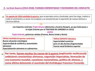 En agosto de 1914 estallaba la guerra, que se pensaba corta y localizada, pero fue larga, implicó a
todo el continente y a zonas no europeas y se caracterizó por la aparición de nuevas tácticas y
técnicas bélicas
Los Imperios centrales Triple Alianza (Alemania y Austria-Hungría, ya que Italia pasa a
la triple Entente por el TRATADO DE LONDRES en 1915)
contra
Triple Entente, potencias aliadas (Francia, Reino Unido y Rusia)
Los Imperios centrales Triple Alianza (Alemania y Austria-Hungría, ya que Italia pasa a
la triple Entente por el TRATADO DE LONDRES en 1915)
contra
Triple Entente, potencias aliadas (Francia, Reino Unido y Rusia)
TRIPLE ENTENTE (Aliados)
Superioridad numérica
pero en dos frentes fragmentados
Fuerza naval británica superior
2.- La Gran Guerra (1914-1918): FUERZAS ENFRENTADAS Y ESCENARIOS DEL CONFLICTO
TRIPLE ALIANZA (Imperios centrales)
Buena situación estratégica
Superioridad de artillería y automóviles
alemanes
Especialización alemana en submarinos
Por tanto, fueron muchas las causas de la guerra (explicación multicausal):
ambiciones anexionistas alemanas, expansión imperialista, formación de
una economía mundial, cuestiones nacionalistas, política de alianzas, y
como último detonante el asesinato del Archiduque Francisco Frenando.
 