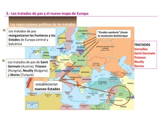 Las repercusiones políticas de los tratados
Los tratados de paz
reorganizaron las fronteras y los
Estados de Europa central y
balcánica
3.- Los tratados de paz y el nuevo mapa de Europa
“Cordón sanitario” frente
la revolución bolchevique
“Cordón sanitario” frente
la revolución bolchevique
Los tratados de paz de Saint
Germain (Austria), Trianon
(Hungría), Neuilly (Bulgaria)
y Sèvres (Turquía)
-establecieron
nuevos Estados
-establecieron
nuevos Estados
TRATADOS
-Versalles
-Saint Germain
-Trianon
-Neully
-Sevres
 