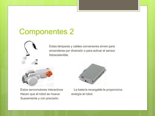 Componentes 2 
 
 Estas lámparas y cables conversores sirven para 
 encenderse por diversión o para activar el sensor 
 fotosostenible. 
Estos servomotores interactivos La batería recargable le proporciona 
Hacen que el robot se mueva energía al robot. 
Suavemente y con precisión. 
 