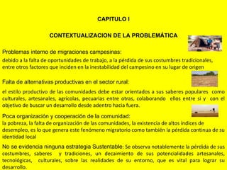 CAPITULO I

                    CONTEXTUALIZACION DE LA PROBLEMÁTICA

Problemas interno de migraciones campesinas:
debido a la falta de oportunidades de trabajo, a la pérdida de sus costumbres tradicionales,
entre otros factores que inciden en la inestabilidad del campesino en su lugar de origen 

Falta de alternativas productivas en el sector rural: 
el estilo productivo de las comunidades debe estar orientados a sus saberes populares como
culturales, artesanales, agrícolas, pecuarias entre otras, colaborando ellos entre si y con el
objetivo de buscar un desarrollo desde adentro hacia fuera.
Poca organización y cooperación de la comunidad:
la pobreza, la falta de organización de las comunidades, la existencia de altos índices de
desempleo, es lo que genera este fenómeno migratorio como también la pérdida continua de su
identidad local
No se evidencia ninguna estrategia Sustentable: Se observa notablemente la pérdida de sus
                                              
costumbres, saberes y tradiciones, un decaimiento de sus potencialidades artesanales,
tecnológicas, culturales, sobre las realidades de su entorno, que es vital para lograr su
desarrollo.
 