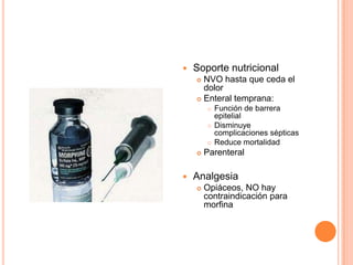  Soporte nutricional
 NVO hasta que ceda el
dolor
 Enteral temprana:
 Función de barrera
epitelial
 Disminuye
complicaciones sépticas
 Reduce mortalidad
 Parenteral
 Analgesia
 Opiáceos, NO hay
contraindicación para
morfina
 