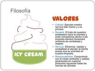 Filosofía
             Valores
              Calidad. Ejecutar nuestro
               servicio bien hecho y a la
               primera
              Respeto. El trato de nuestros
               empleados hacia la clientela y
               entre compañeros dentro d ela
               empresa siempre fomentará
               ambiente de cordialidad y
               respeto
              Servicio. Eficiencia, rapidez y
               cordialidad al atender al cliente
               puesto que es prioridad en
 Icy Cream     nuestra empresa.
              Responsabilidad. Compromiso
               con el medio ambiente y calidad
               garantizada en nuestros
               productos siguiendo todas las
               normas de sanidad.
 