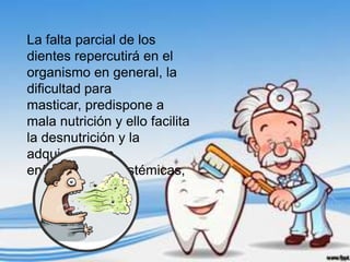La falta parcial de los
dientes repercutirá en el
organismo en general, la
dificultad para
masticar, predispone a
mala nutrición y ello facilita
la desnutrición y la
adquisición de
enfermedades sistémicas,
 